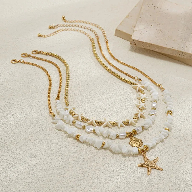 Accessories, holiday shell beaded collarbone chain, beach alloy imitation pearl multi-layer starfish necklace