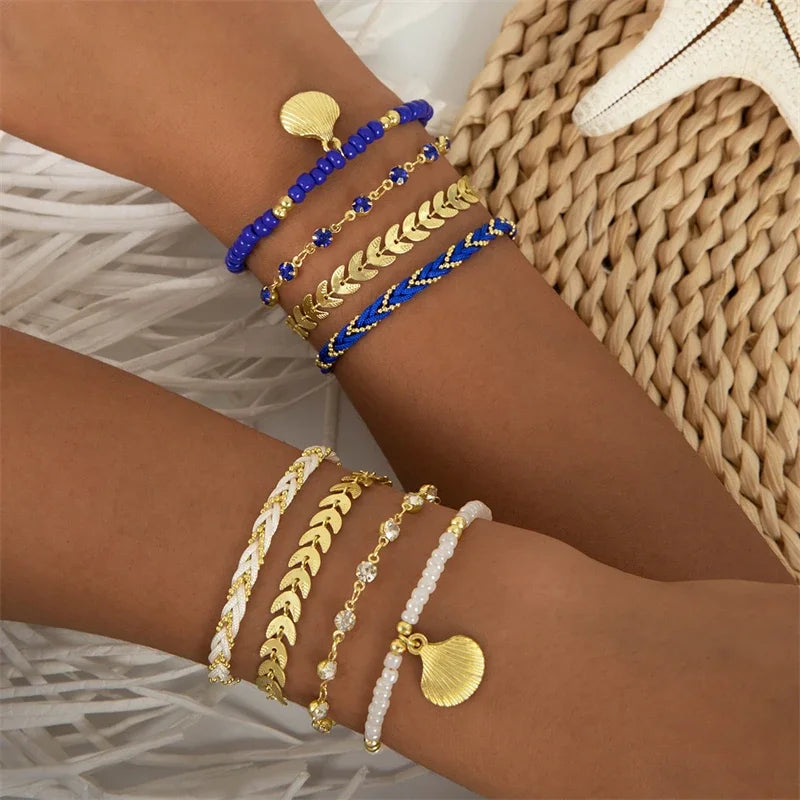 4pcs/set Bohemia Shell Bracelets for Women Colorful Zircon Rice Beads Metal Chain Bangles Girl Summer Beach Jewelry