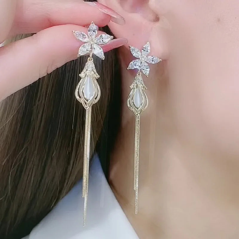 Luxury Crystal Flower Tassel Drop Earrings for Women Shiny Zircon Opal Long Dangle Earrings Girls Jewelry Gift