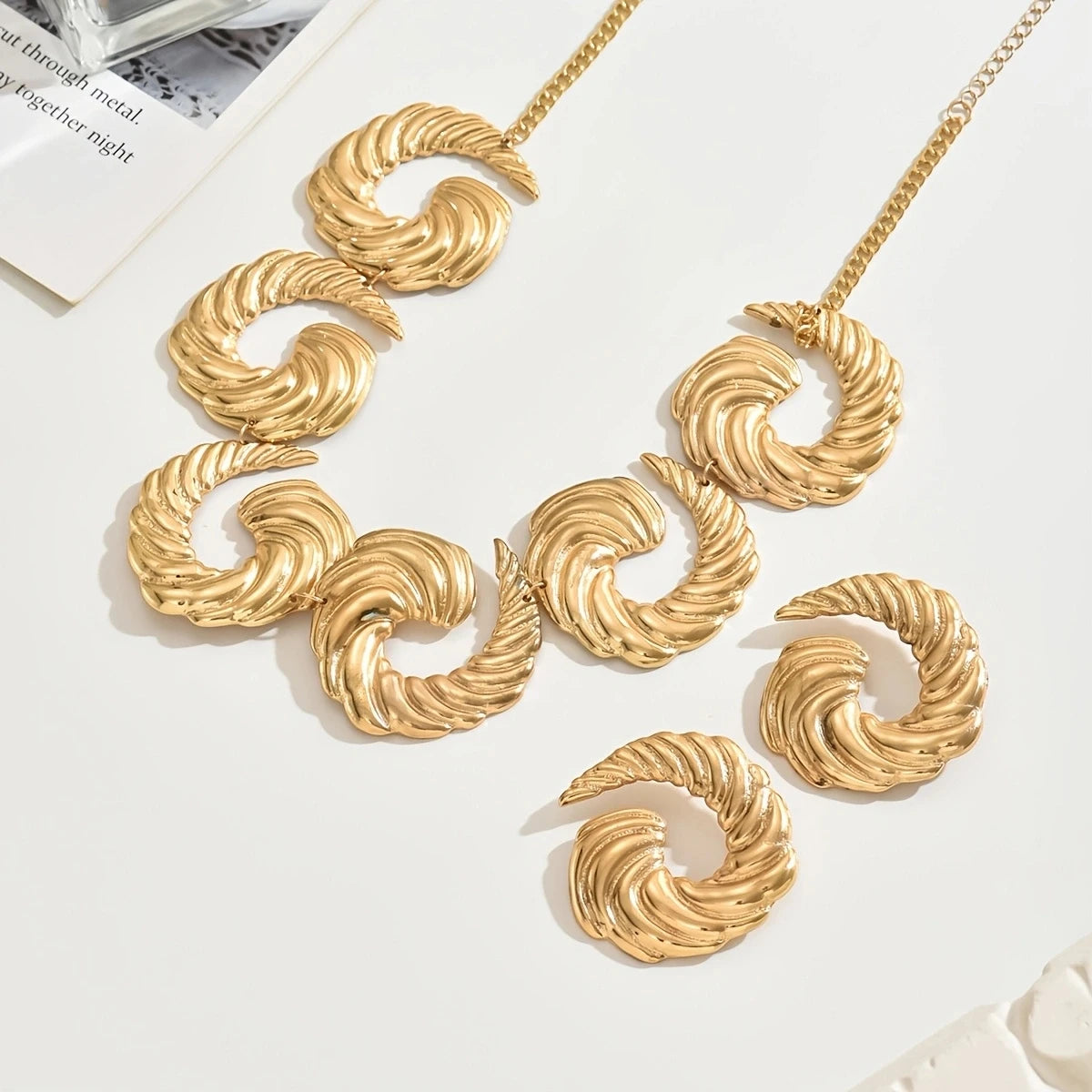 14K Gold Spiral Set, Liquid Metal Necklace & Earrings, Handmade, Timeless Elegance To Red Carpet Glamour