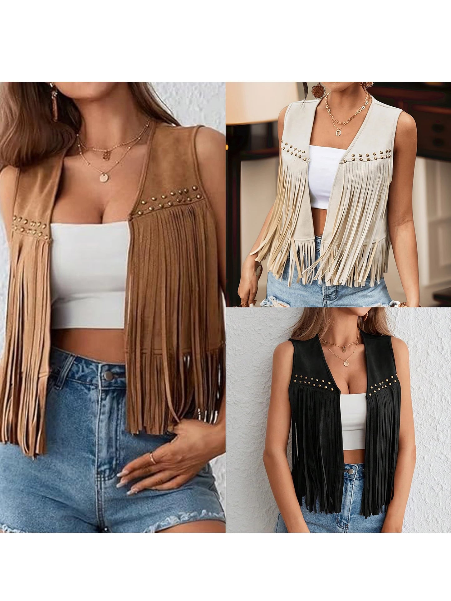 Vintage Fringe Suede Jacket 70s Boho Hippie Outfit Sleeveless Open Front Vest Western Cowgirl Coat Retro Fashion Trend