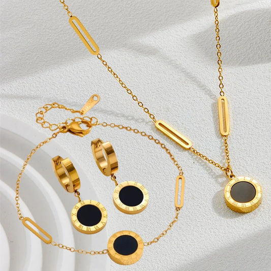 4pcs/setStainless Steel Black And  White Roman Numeral Pendant Necklace Bracelet Earrings Ladies Banquet Jewelry Set ,Party Gift