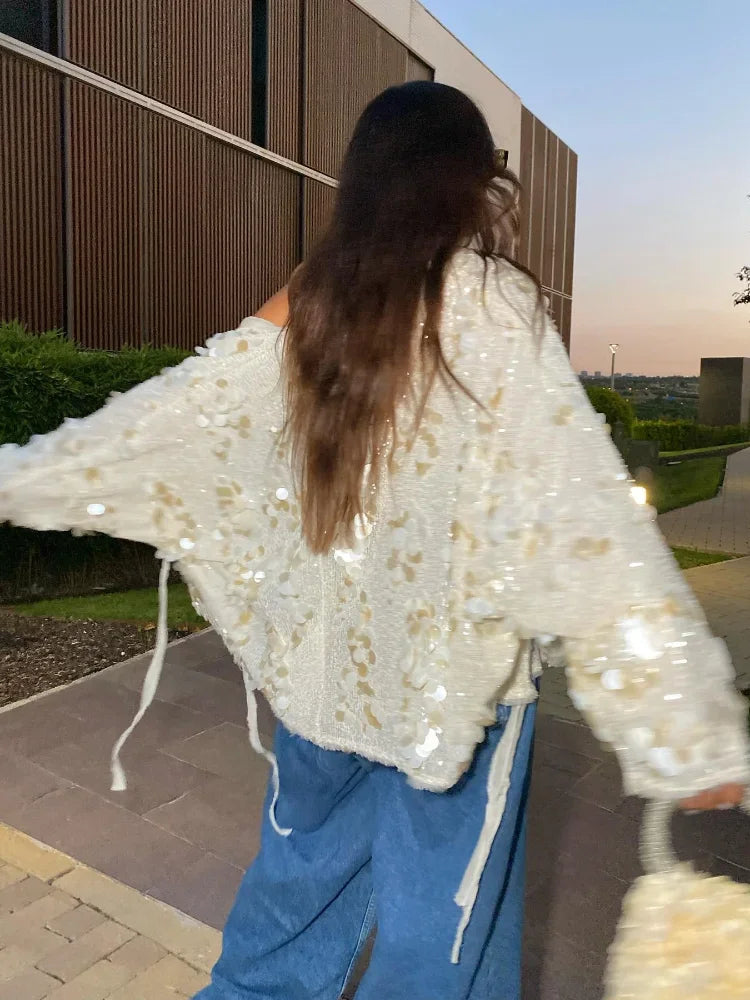 Fashion Sparkling Beaded Short Loose Jacket Elegant V Neck Long Sleeve Lace Up Cardigans 2025 Spring Female Elegant Streetwear