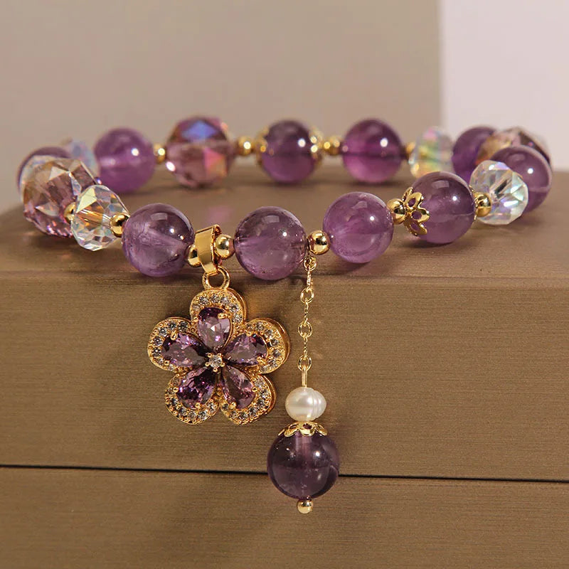 Natural Amethyst Bracelet for Women, Floral Boho Chic Crystal Beads Handmade Adjustable