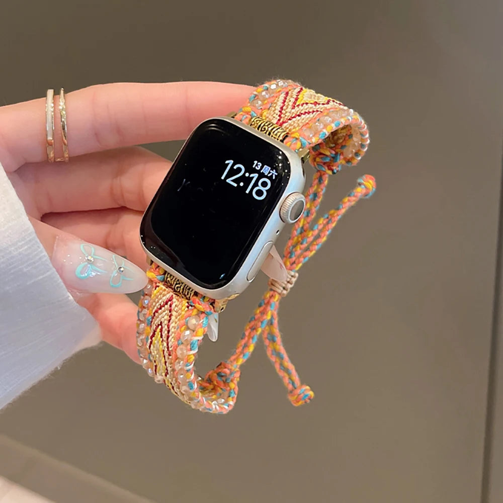 Bohemia Crystal Edge Braided Rope Band For Apple Watch Strap 8 49 9 7 SE 6 For iWatch 45 42 44 40 MM Women Wrist Bracelet