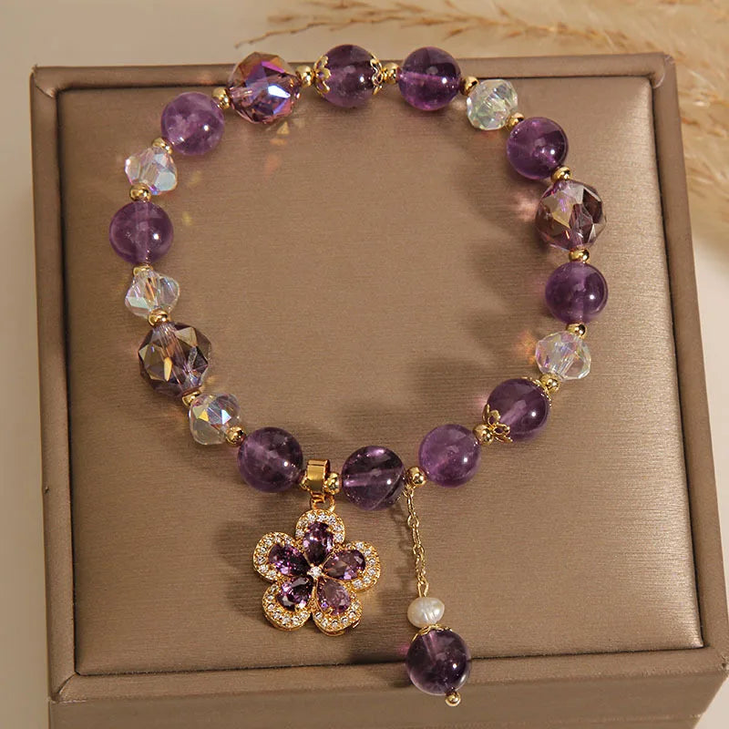 Natural Amethyst Bracelet for Women, Floral Boho Chic Crystal Beads Handmade Adjustable