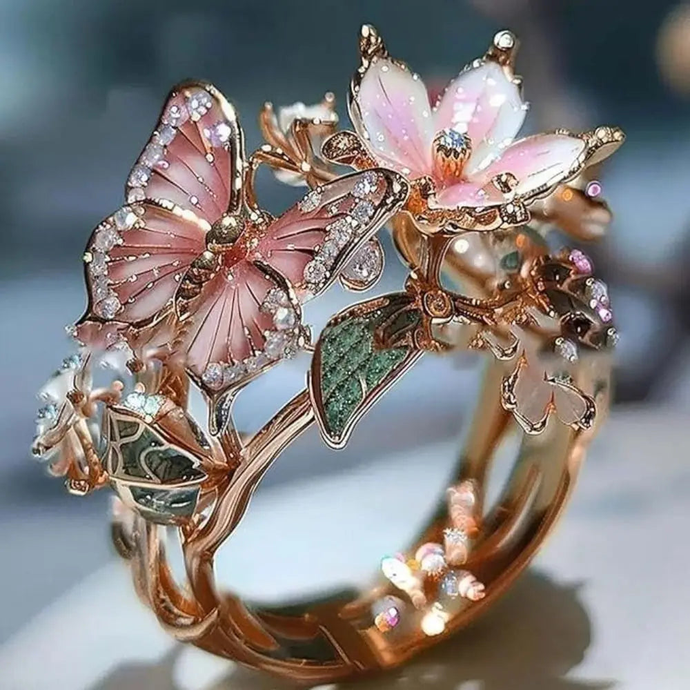 Aesthetic Flower Butterfly Rings for Female Romantic Rhinestone Stylish Non-fading Opening Ring Women Jewelry Gift