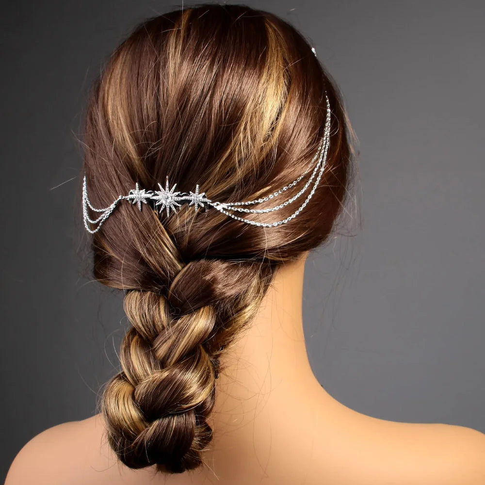 Stonefans Fashion Rhinestone Star Hair Comb Chain Jewelry for Women Bridal Multilayer Thin Chain Tiara Wedding Headpiece Gift