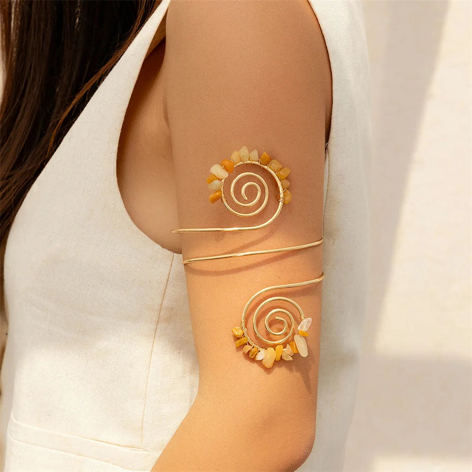 12 Colors Bohemian Stone Upper Armband Cuff Open Bangles for Women Tassel Long Chain Pendant Arm Body Bracelet Jewelry