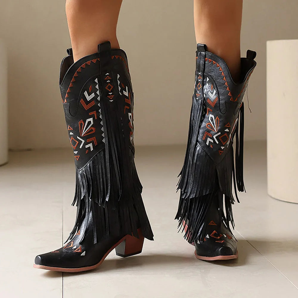 Retro Tassel Embroidered Cowgirl Mid-Calf Women Western Boots Pointed Toe Chunky High Heel Cowboy Cool All-Match Shoes