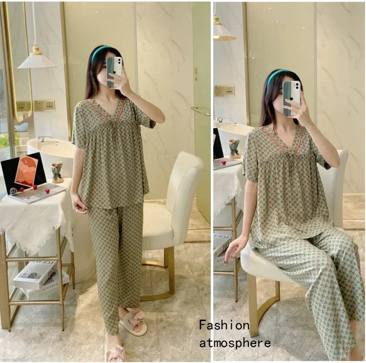 Spring Summer Pajamas Women Short Sleeve Pants Suit Cotton Rayon V-Neck Korean Home Wear Set Large Size Ladies Sleepwear