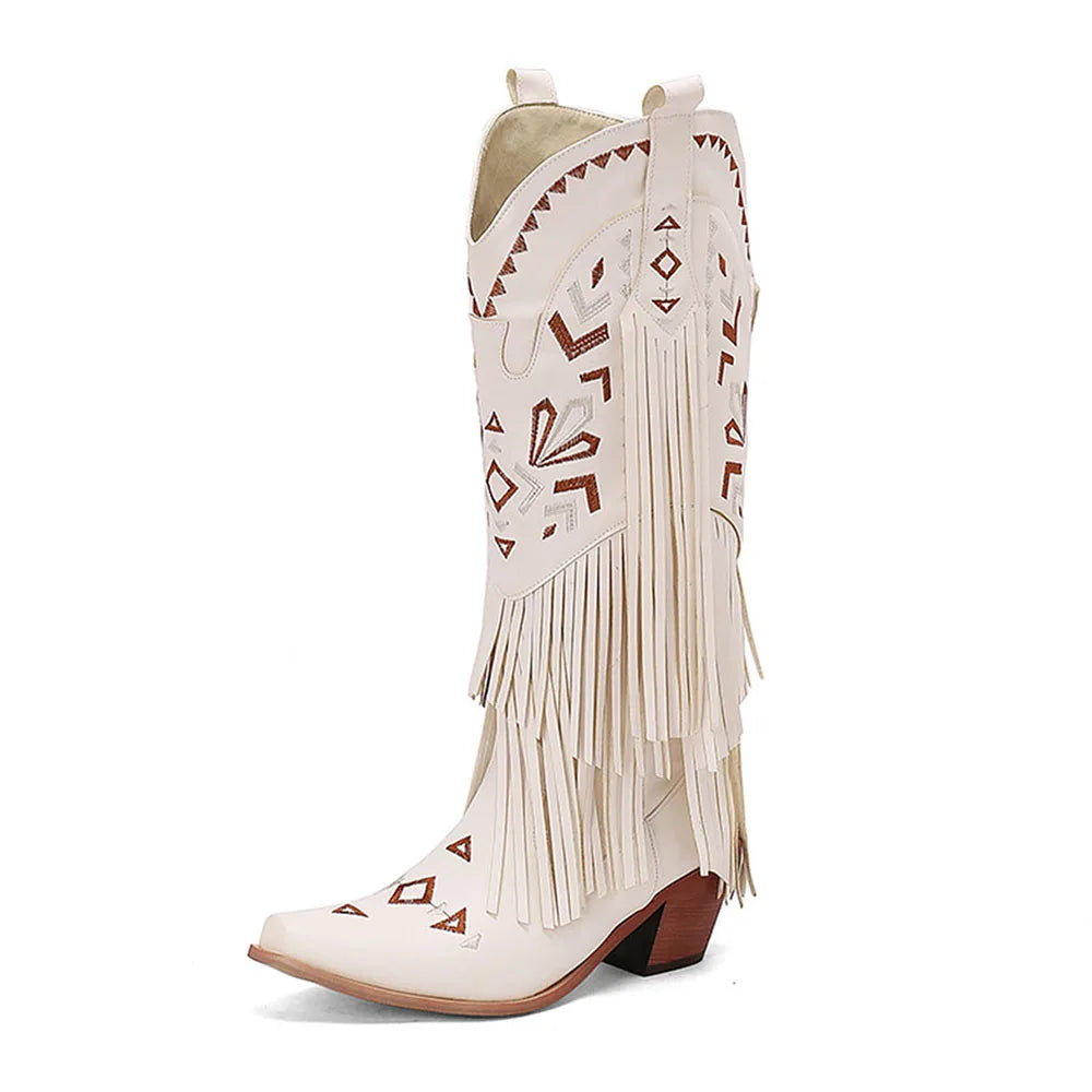 Retro Tassel Embroidered Cowgirl Mid-Calf Women Western Boots Pointed Toe Chunky High Heel Cowboy Cool All-Match Shoes