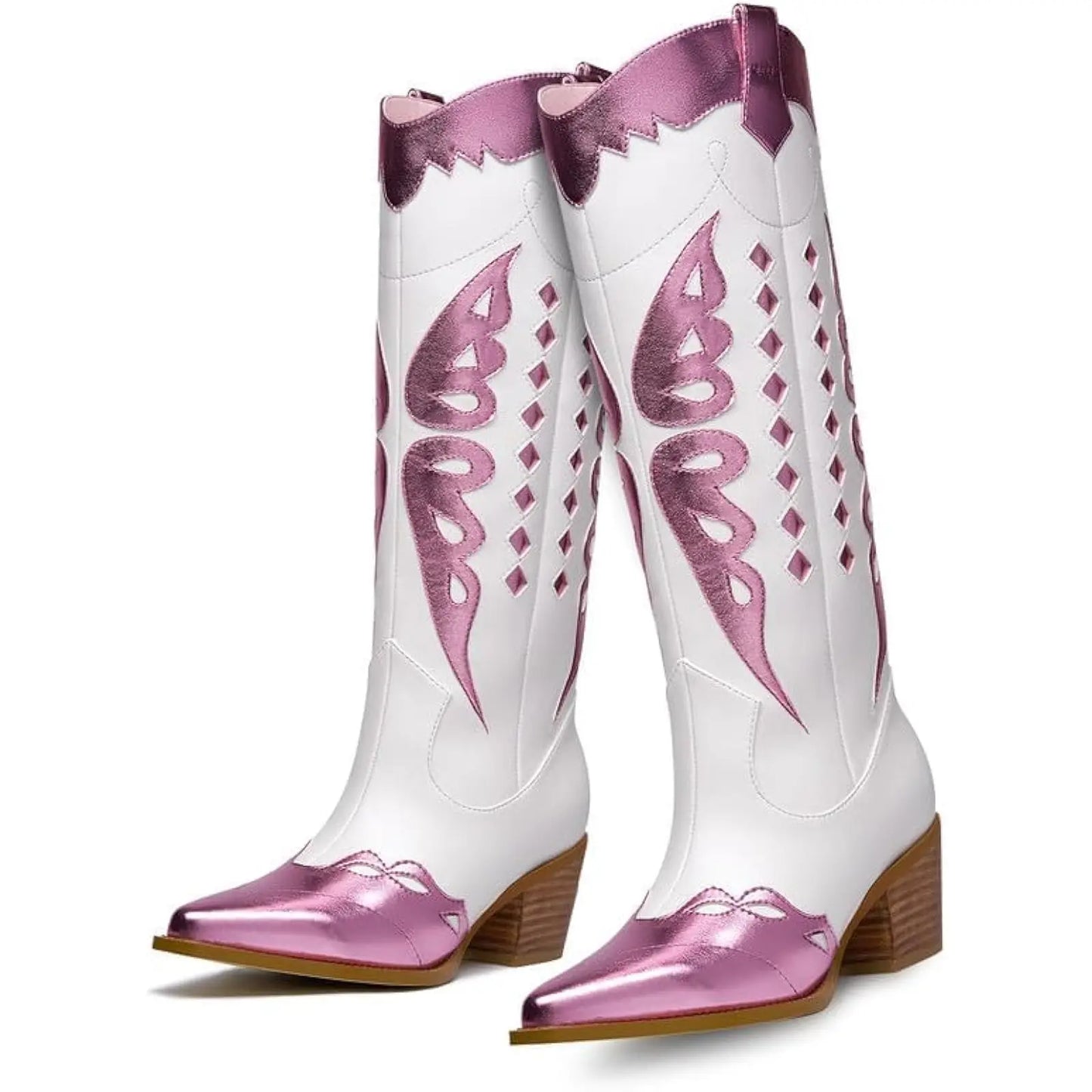 Women's metallic mid-calf cowboy boots with sparkly embroidery, wide calf fit, pointy toe, and chunky stacked heel.