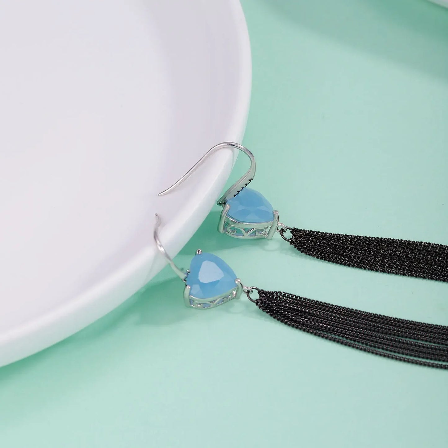 925 Sterling Silver Gemstone Handmade Earrings Natural Heart Aqua-blue Calcedony Fishhook Earrings Gift For Her