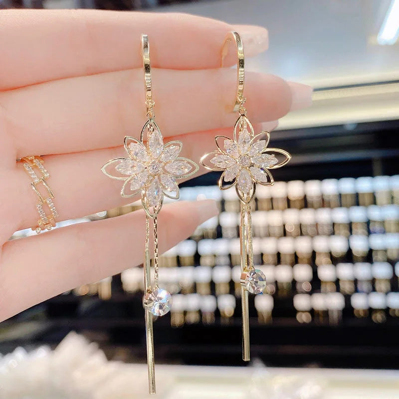 Luxury Crystal Flower Tassel Drop Earrings for Women Shiny Zircon Opal Long Dangle Earrings Girls Jewelry Gift