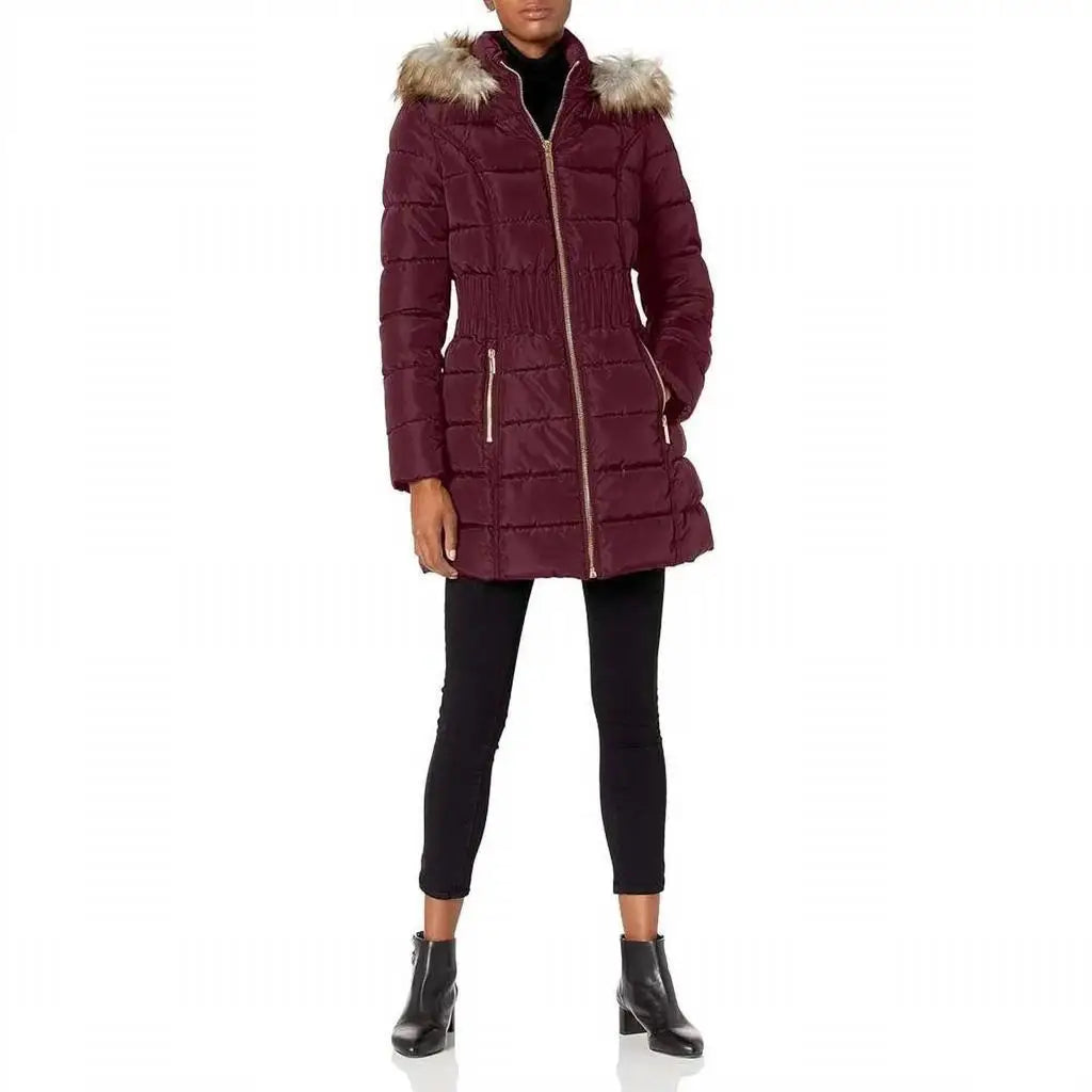 Laundry by Shelli Segal | 3/4 Puffer Zig Zag Cinched Waist Faux Fur Trim Hood Jacket In Port Royal