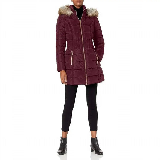 Laundry by Shelli Segal | 3/4 Puffer Zig Zag Cinched Waist Faux Fur Trim Hood Jacket In Port Royal