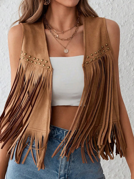 Vintage Fringe Suede Jacket 70s Boho Hippie Outfit Sleeveless Open Front Vest Western Cowgirl Coat Retro Fashion Trend