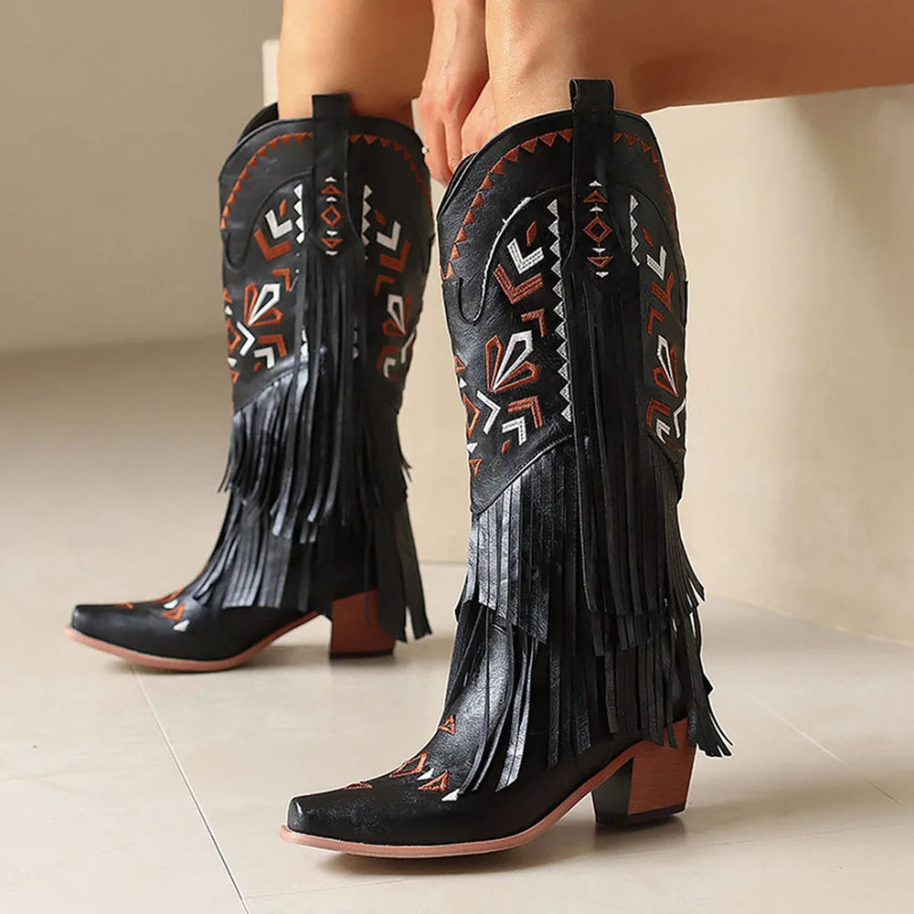 Retro Tassel Embroidered Cowgirl Mid-Calf Women Western Boots Pointed Toe Chunky High Heel Cowboy Cool All-Match Shoes