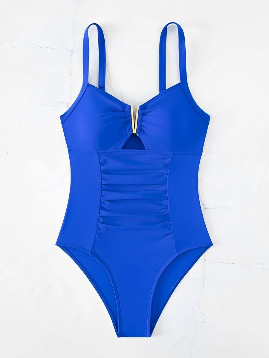 2025 Cut Out Ruched Front Swimsuit One Piece Swimwear Women Sexy Bathers Bathing Swimming Swim Suit Female Beachwear XXL