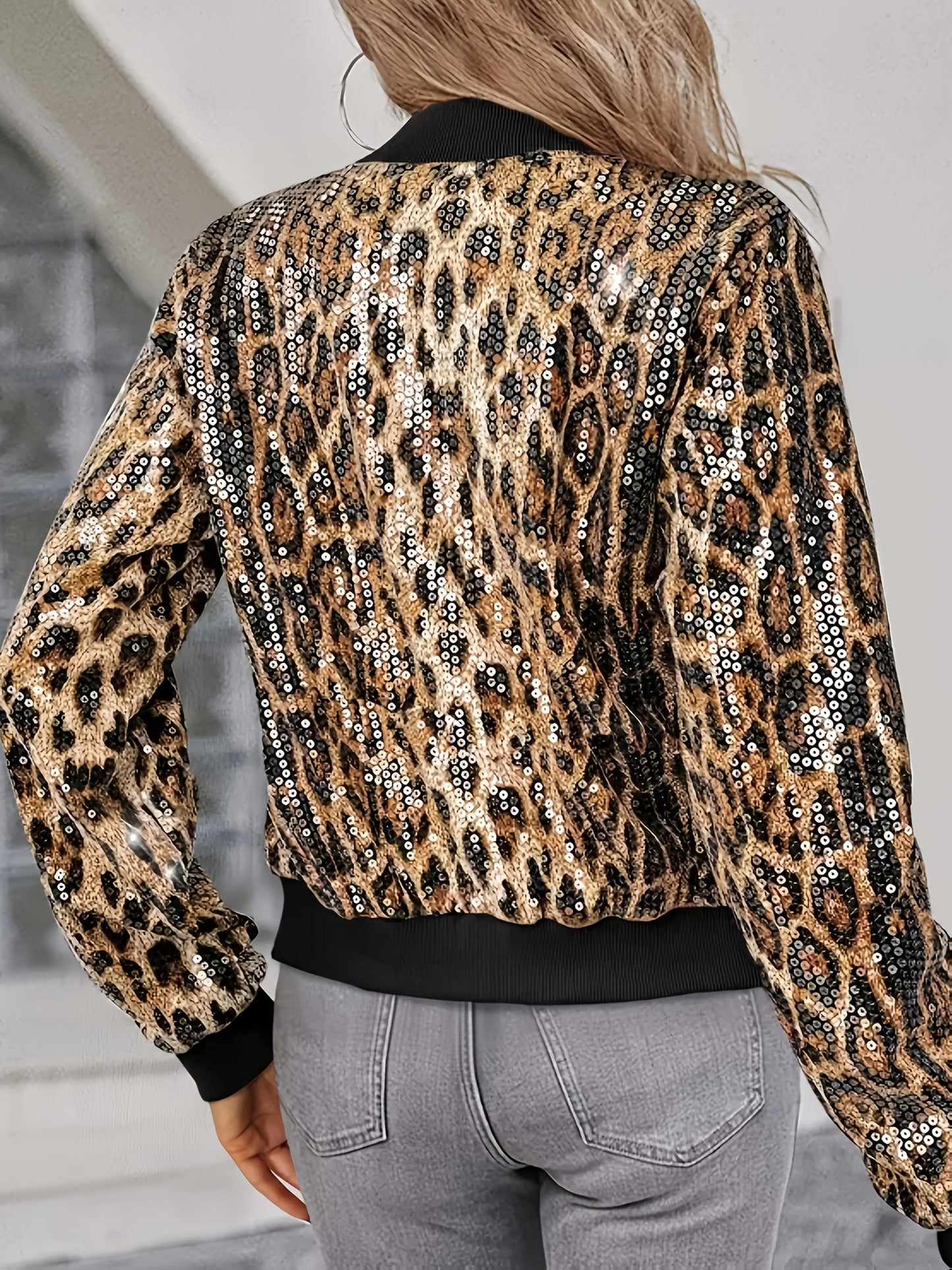 Leopard Print Sequin Open Placket Zipper Fashion Casual Bomber Jacket