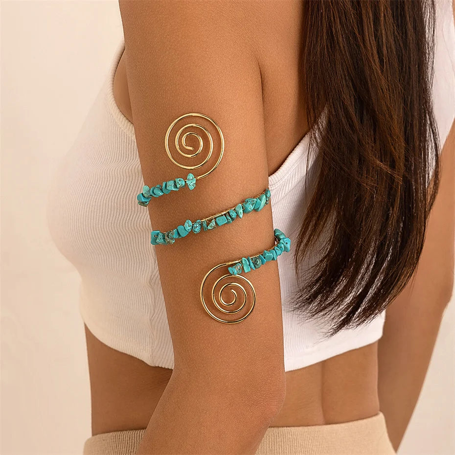 12 Colors Bohemian Stone Upper Armband Cuff Open Bangles for Women Tassel Long Chain Pendant Arm Body Bracelet Jewelry