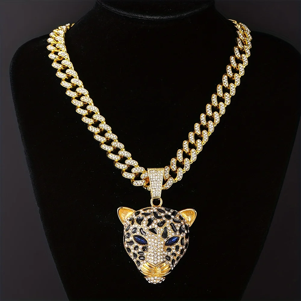 Leopard Necklace Zinc Alloy Diamond Leopard Head Pendant Luxury Cuban Chain Hip Hop