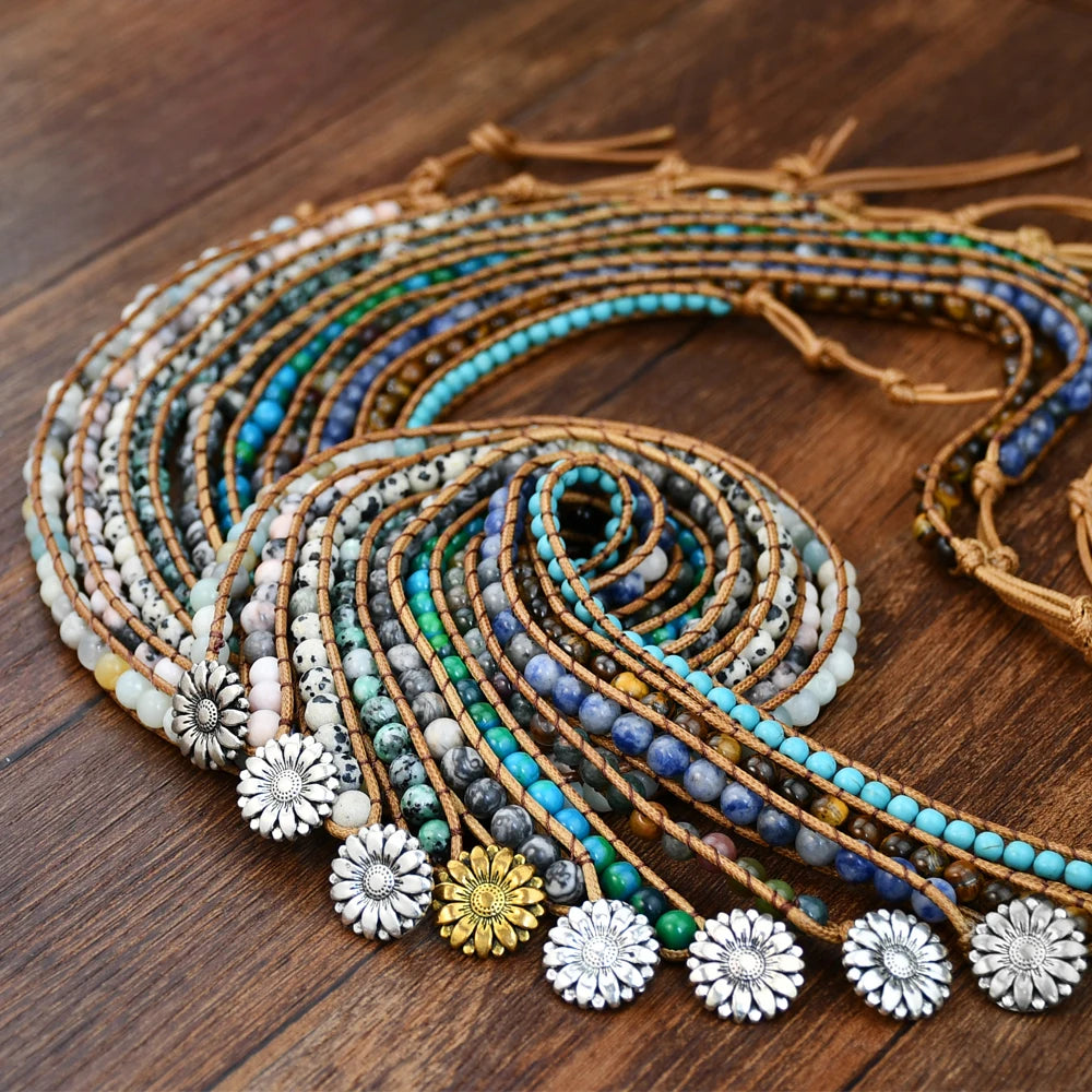 Boho Natural Stone Wrap Bracelet Leather Multilayers Colorful Jasper Agate Beaded Flower Charm Handmade Bracelets