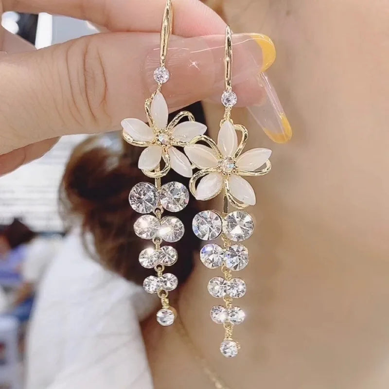 Luxury Crystal Flower Tassel Drop Earrings for Women Shiny Zircon Opal Long Dangle Earrings Girls Jewelry Gift
