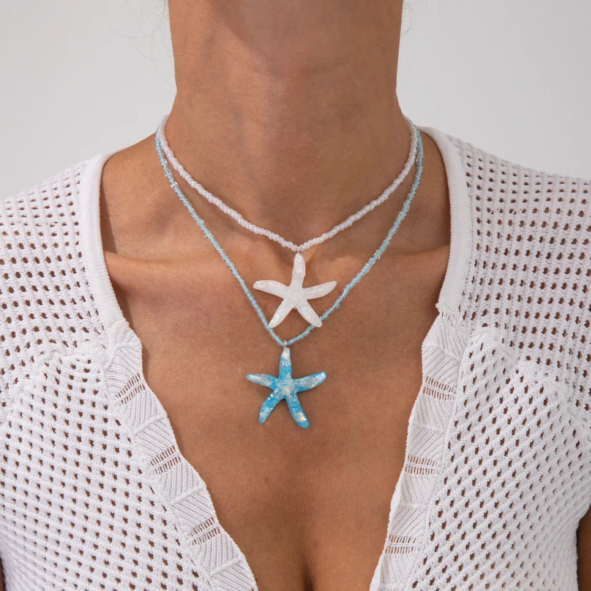 Multi layered Creative Rope Chain Fashion Beach Jewelry Gift Girl Boho White Blue Starfish Pendant With Necklace Women's