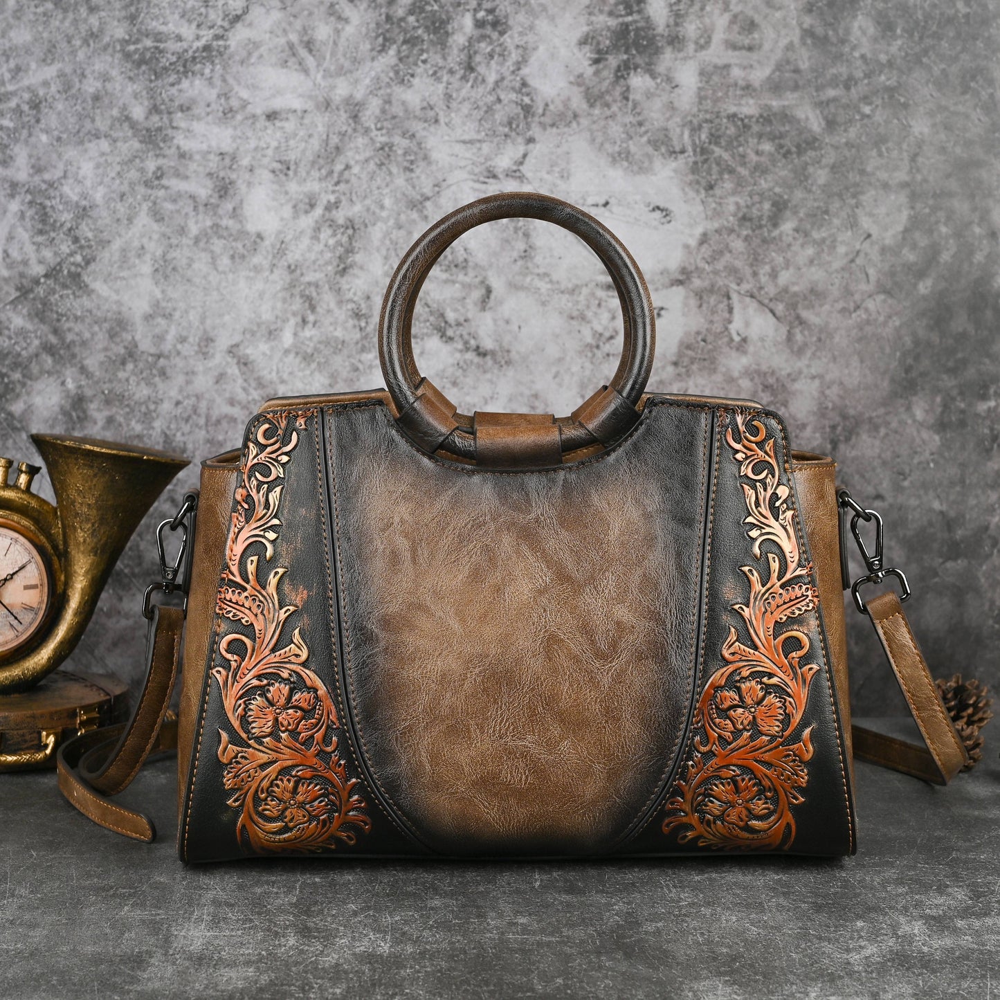 Vintage Women'S Handbag with Floral Embossed Design - Large Capacity Multifunctional Crossbody & Shoulder Bag, Adjustable Strap, Golden-Tone Hardware & Zipper Closure, Two-Tone Brown &, Polyester Lining - Elegant Retro Purse