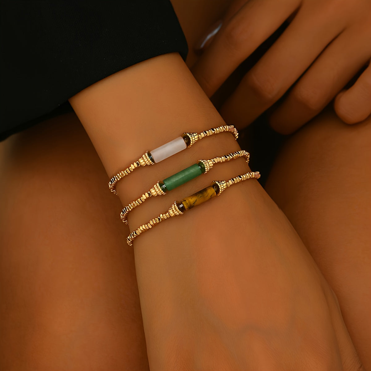 3pcs Women's Fashion Bracelet Retro Fall/Winter Adjustable 1 Mils Golden Plating Natural Stone Handmade Beaded Bracelet Set for Everyday