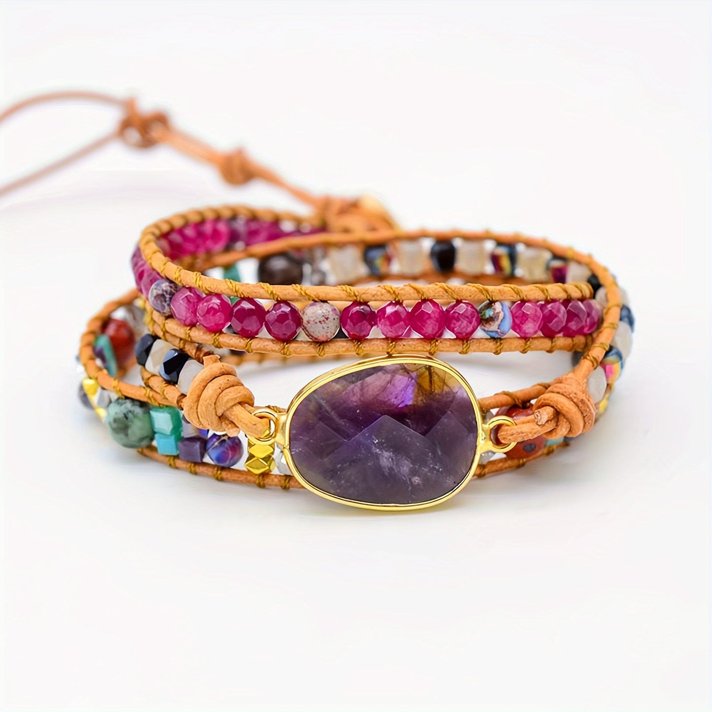 3 Layers Winding Imperial Stone Amethyst Bracelet, Bohemian Handmade Natural Stone Fluorite Crystal Beaded Bracelet for Women
