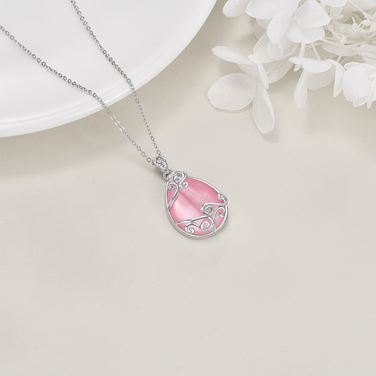 Teardrop Necklace 925 Sterling Silver Pink Natural Stone Necklace Filigree Pendant Necklace Jewelry For Women