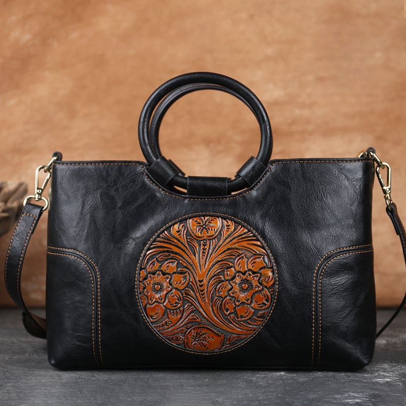 2025 Floral Embossed Crossbody Bag, Ethnic Style Olive Green/Brown Contrast Design, Dual-Use Handheld & Shoulder Bag, Golden-Tone Hardware Zipper Closure, Casual Formal Art Purse, Durable Polyester Lining, Fine Craftsmanship,