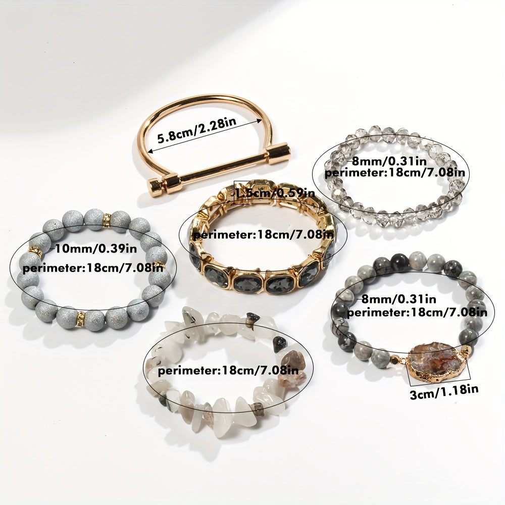 6pcs Boho Natural Stone Beaded Bracelet Set, Stackable Multi-Layer Handmade Stretch Bracelets, Bohemian Elegant Style Suitable For Women Stackable, Fashion Boho Bracelet Jewelry For Women