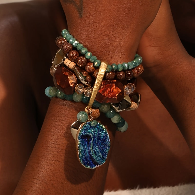 1pc Bohemian Style Mixed Color Beaded Bracelet with Resin Pendant - Layered Stackable Boho Chic Jewelry for Beach & Special Occasions, Ideal Gift for Women