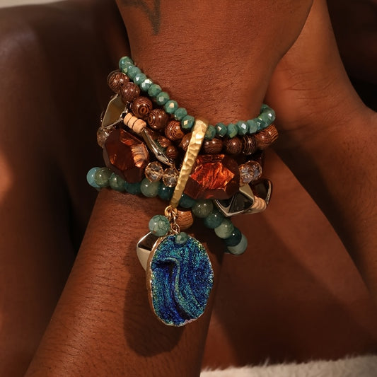 1pc Bohemian Style Mixed Color Beaded Bracelet with Resin Pendant - Layered Stackable Boho Chic Jewelry for Beach & Special Occasions, Ideal Gift for Women