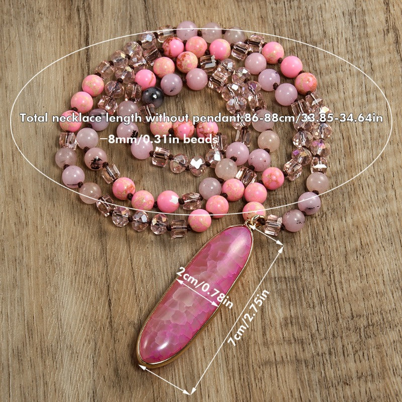 Women's Bohemian Multi-Color Bead Necklace with Pink & Magenta Marbled Teardrop Pendant - Pastel Pink/Green/Beige/Golden/Taupe Beads - Beige-Tone Accentuating Jewelry Gift for Fair Beige Tones, Everyday Boho Necklace (No Plat