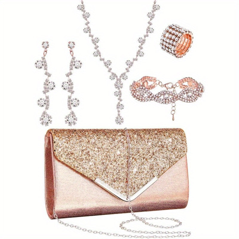5pcs Elegant Jewelry Set for Women - Chic Clutch, Necklace, Earrings, Bracelet & Ankle Chain, Perfect for Weddings & Formal Events, Wedding Jewelry | Glamorous Jewelry | Embellishments, Jewelry Set