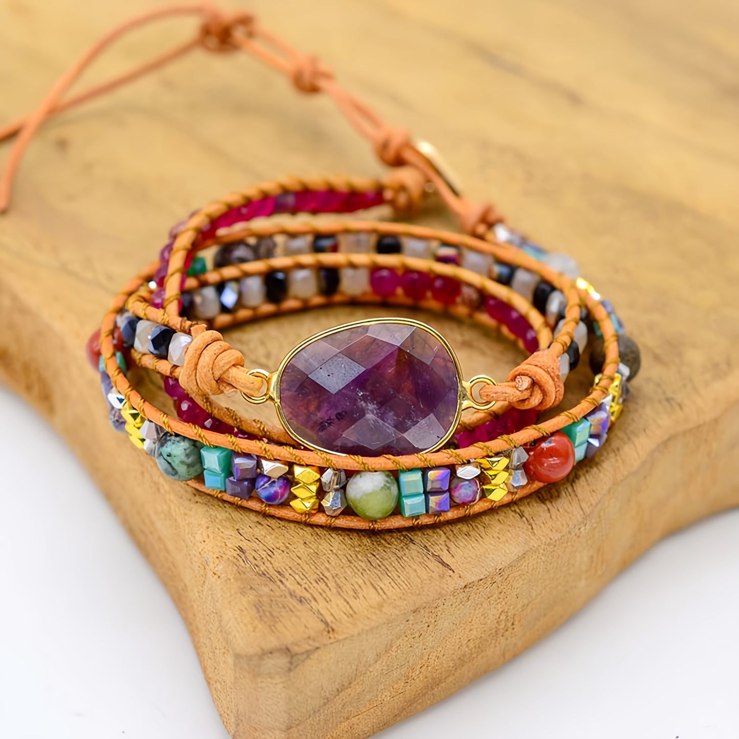 3 Layers Winding Imperial Stone Amethyst Bracelet, Bohemian Handmade Natural Stone Fluorite Crystal Beaded Bracelet for Women