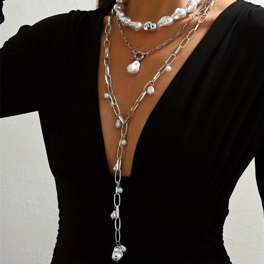 Women's Bohemian Baroque Multi-Layered Faux Imitation Pearl Necklace with Y-Shaped Pendant - KC Golden-Plated Elegant Layered Jewelry for Daily Wear & Parties, Year-Round Versatile Accessory, Charm Necklace, Party Accessories