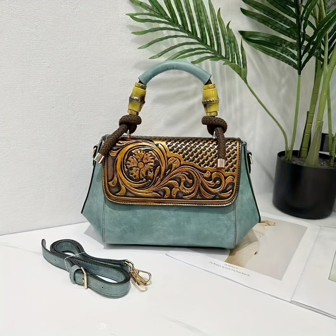 2025 Retro Chinese-Inspired Floral Carved Women's Handbag - Premium Second-Layer Leather Convertible Crossbody/Shoulder Bag with Adjustable Braided Strap, Secure Clasp Closure & Lined Interior - Available in Deep Brown, Beige