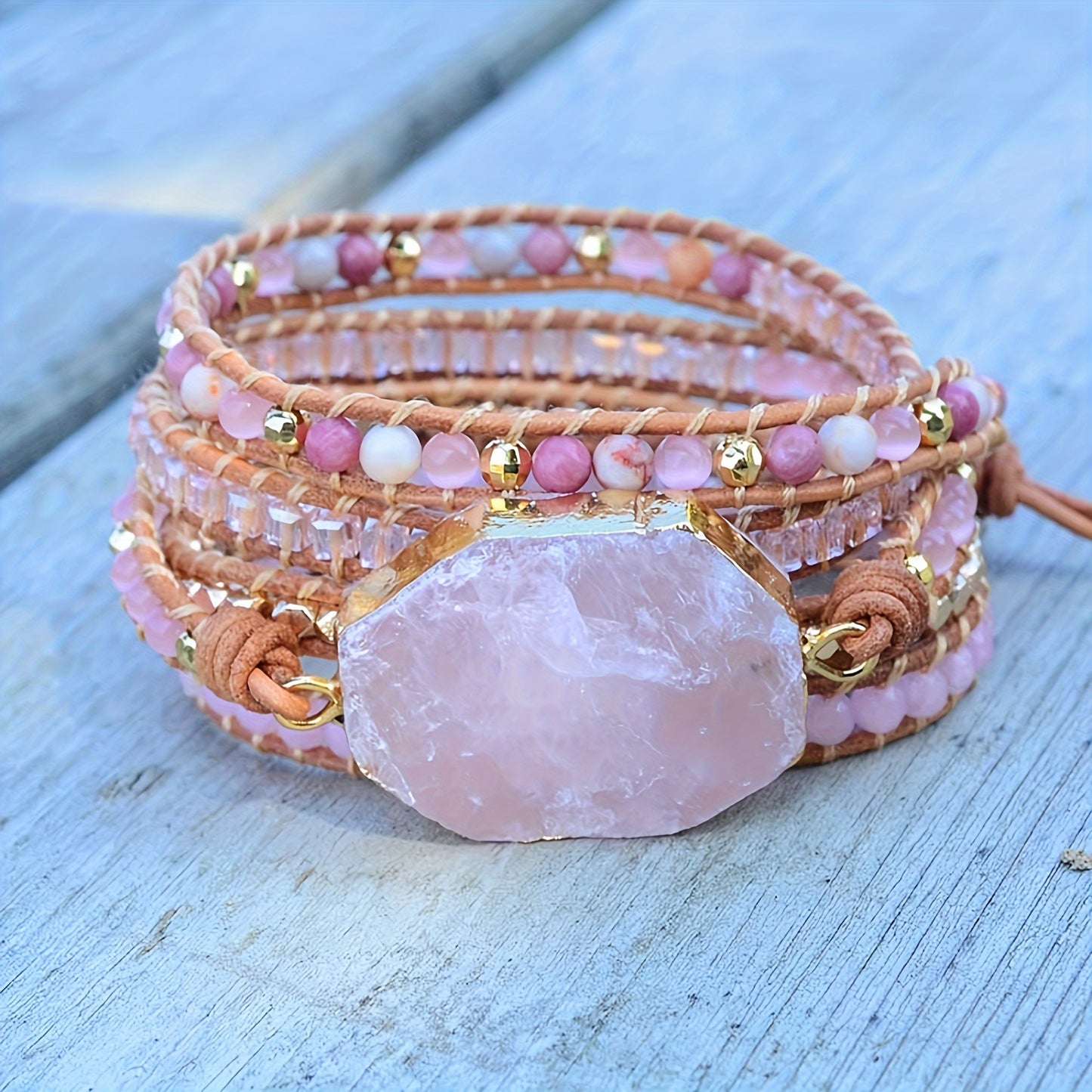 [5 Wrap Boho Bracelet] 5 Wrap Natural Rose Crystal Leather Handmade Boho Bracelet Jewelry