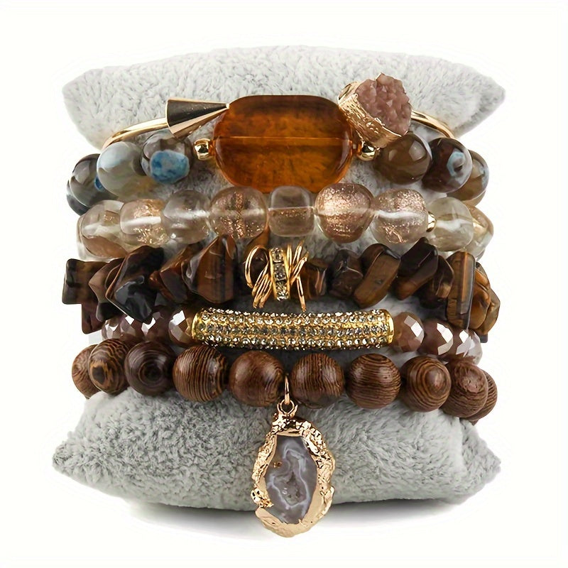 6pcs Boho Chic Natural Stone Stretch Bracelet Set with Druzy Pendant Charm - Elegant Multi-Layer, Stackable Design for Daily & Vacation Wear - Ideal Gift for Friends & Family, Charm Bracelet