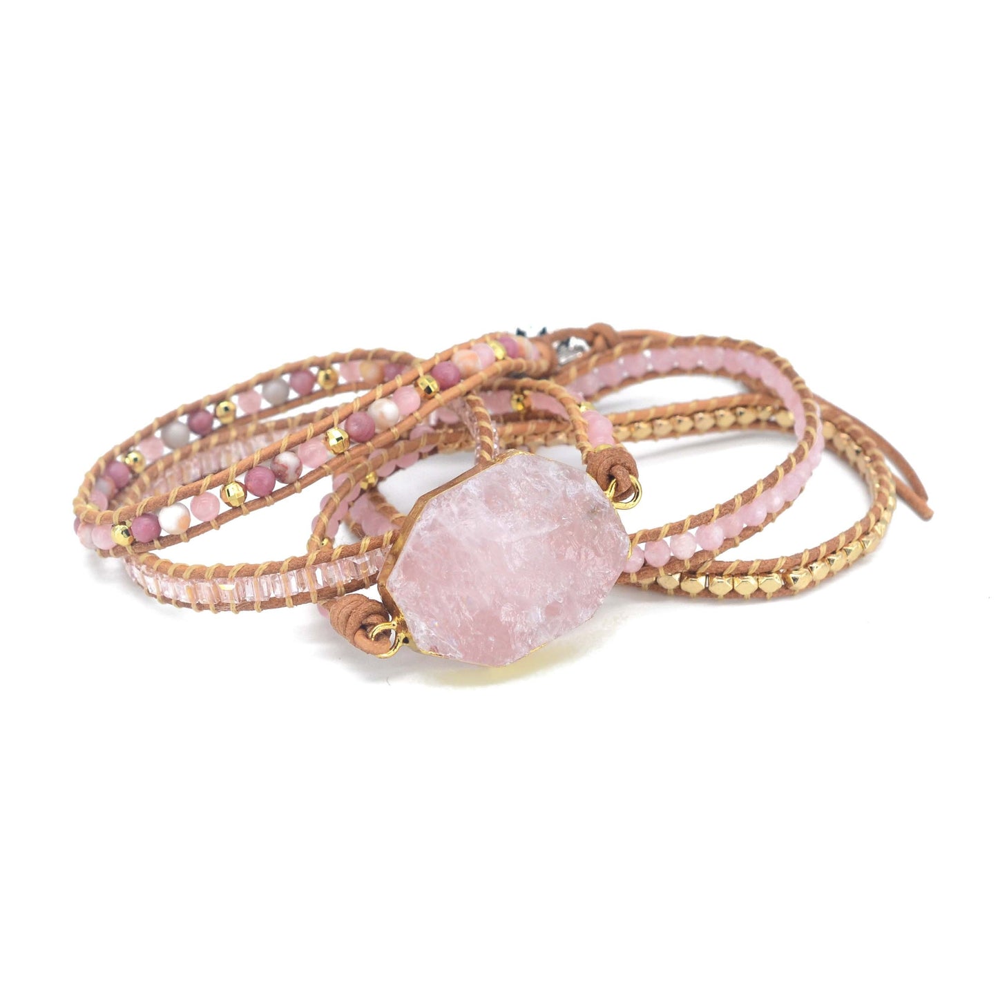 [5 Wrap Boho Bracelet] 5 Wrap Natural Rose Crystal Leather Handmade Boho Bracelet Jewelry