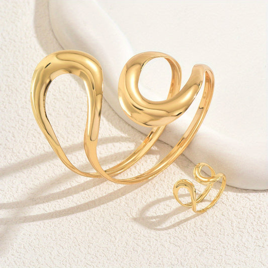 2pcs Jewelry Set, Unique Hollow-Out& Smooth Alloy Metal Texture Design, Bracelet& Ring Set, Versatile Open Hand Accessories, Perfect Gifts for Stylish and Comfortable to Wear.