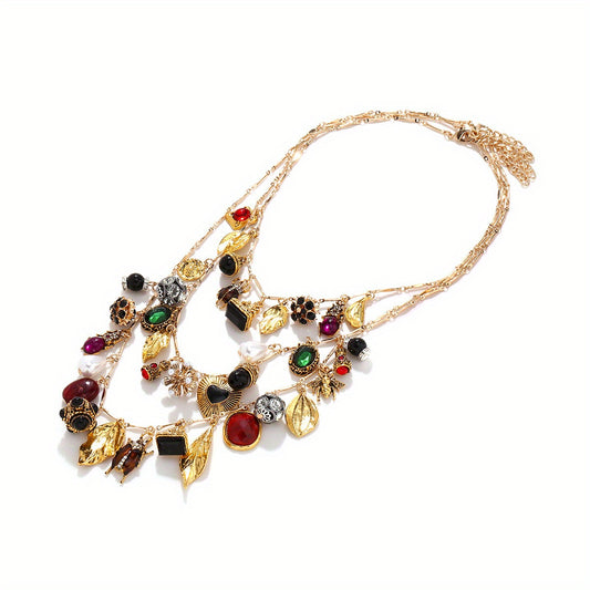 Vintage Boho Chic Multi-Layer Woven Necklace with Heart, Leaf & Insect Flower Pendants - Handmade Stainless Steel Chain Jewelry for Women, Perfect for Daily Wear or Gifting, Vintage Jewelry