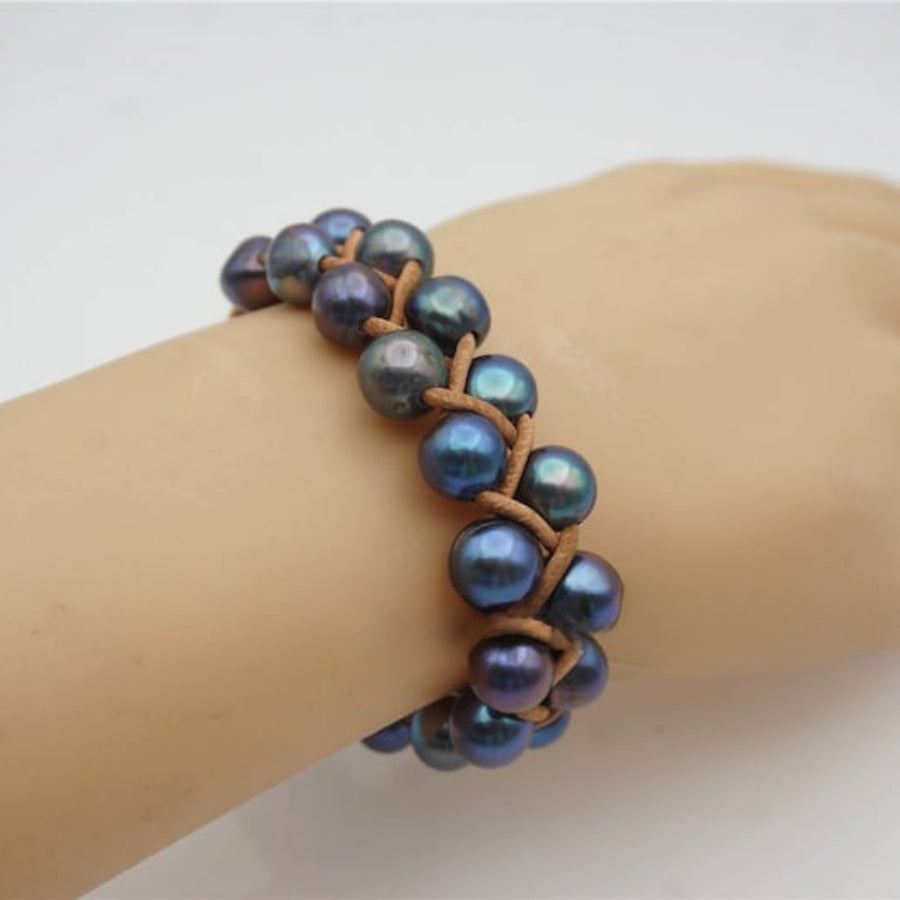 Two Rows Blue Pearl Bracelet Leather Pearls Bracelet Pearl