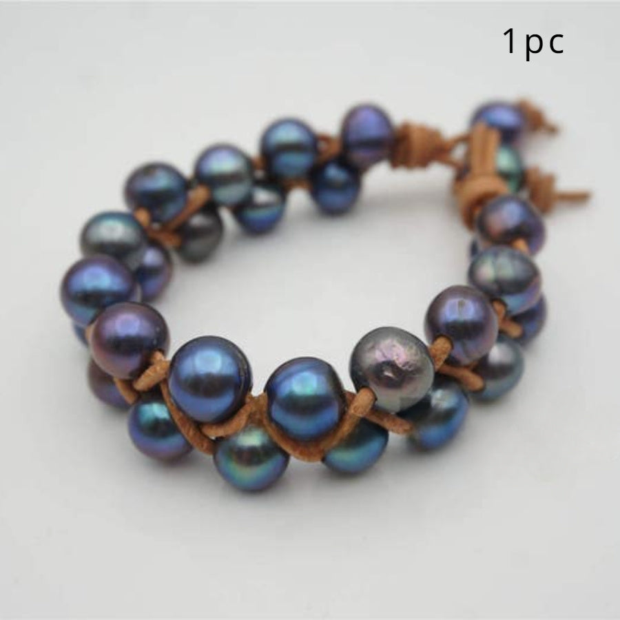 Two Rows Blue Pearl Bracelet Leather Pearls Bracelet Pearl